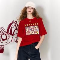 妖精的口袋 2026新年限定早春丝绒印花刺绣重工短袖T恤宽松休闲内搭上衣