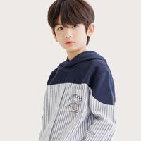 纯一良品 童装男童春秋中大儿童青少年拼接舒适柔软条纹连帽卫衣