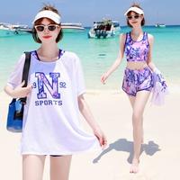 朵彩 游泳衣女温泉分体泳衣保守平角遮肚显瘦印花罩衫时尚泳帽套装可选