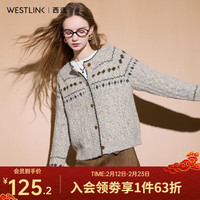 西遇 女士毛衫 圆领印花短款奶油针织开衫