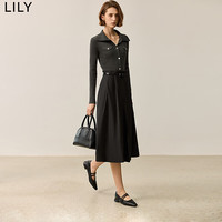 LILY 秋新款 女装时髦翻领拼接收腰修身A字廓形针织连衣裙 510黑