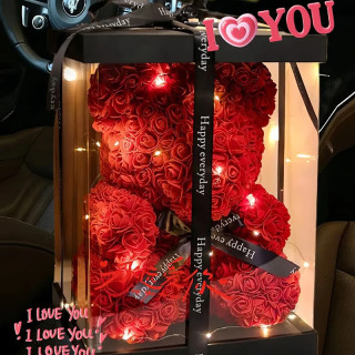 柏爱 玫瑰坐姿熊 永生花 红色 礼盒装