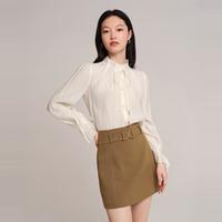 红袖 秋季女装肌理感单排扣花边领一手长衬衫