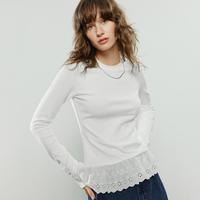 初语 T恤女2025冬季新款圆领修身拼接雕孔蕾丝保暖打底上衣