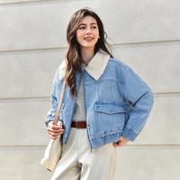 森马 2025冬季新款仿羊羔绒牛仔外套女宽松保暖夹棉工装风潮酷夹克