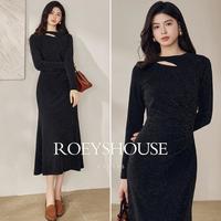Roey s house 罗衣魔衣春装亮丝长袖连衣裙显瘦针织长裙子