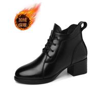 富贵鸟 秋冬富贵鸟舒适圆头粗跟百搭系带通勤短筒女时装靴