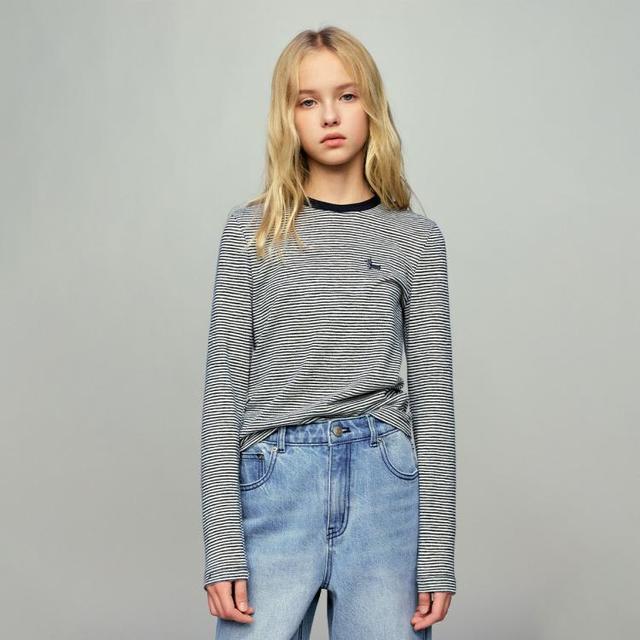 ELLE kids 法式经典条纹套头女童长袖T恤春季新款休闲简约百搭打底上衣