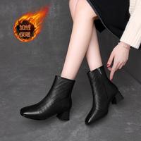 富贵鸟 头层牛皮丨富贵鸟秋冬款时装靴女短筒靴女粗跟女靴加绒保暖女鞋