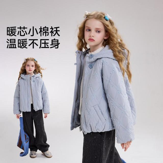 ASK junior 儿童棉服冬季中大童连帽夹棉保暖棉袄女童菱格花纹棉衣