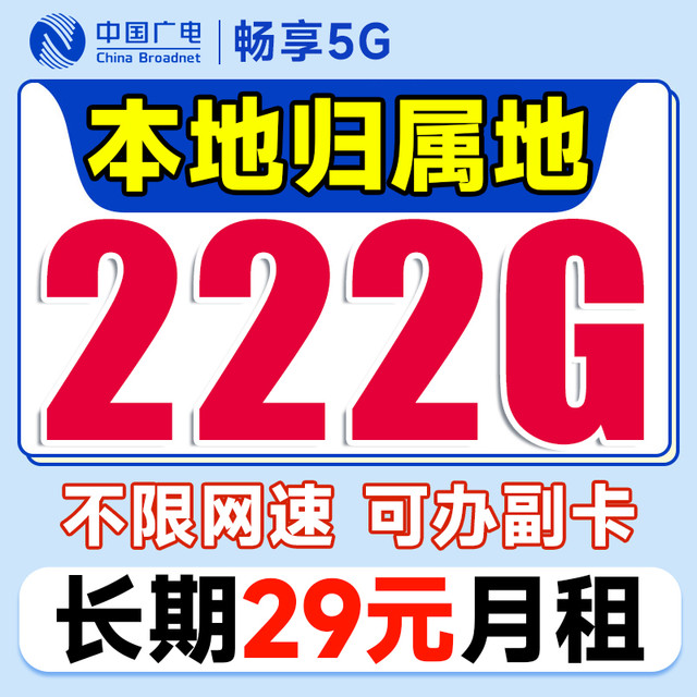 中国广电 本地归属地 长期29元月租（无需返费+222G通用流量+可办副卡+无合约期）畅享5G盛平卡