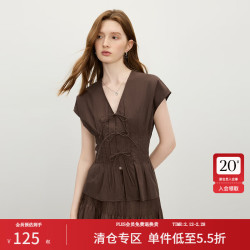 范思蓝恩 摩登蝴蝶结系带收腰衬衫女2025夏连肩袖v领上衣2737 咖啡色 M