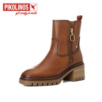PIKOLINOS 派高雁 女士牛皮侧拉链圆头粗高跟短靴 PA238002