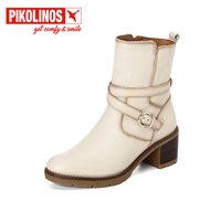 PIKOLINOS 派高雁冬季牛皮侧拉链圆头纯色粗跟通勤短靴PA237011 米白色 37