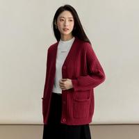 茵曼 复古慵懒风毛衣外套女2025秋冬款宽松V领新年红色针织开衫