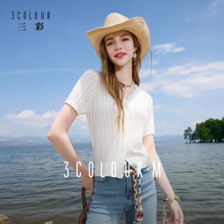 三彩 2025秋季新款2026V领蕾丝花边针织衫上衣白色洋气开衫短袖M