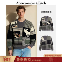Abercrombie & Fitch 大麋鹿图案男装宽松圆领套头毛衣针织衫120-5181 黑灰 S (175/92A)