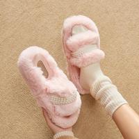 意尔康 女士冬季居家保暖毛毛拖鞋 珍珠饰扣毛绒拖鞋