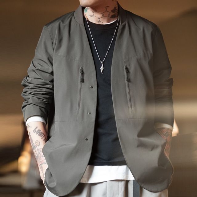 马登 工装 美式休闲无领西装夹克外套 男春 深灰色