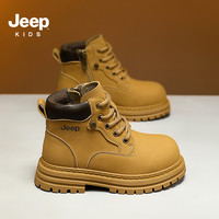 吉普 童鞋儿童马丁靴男童户外侧拉链防滑大黄靴女童软底轻便短皮靴