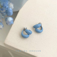 半日逅屿 蓝色线条奶蓝滴釉豆豆前后两戴小众设计感925银针耳钉耳饰女 6002银针一款两戴耳钉