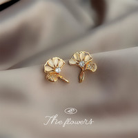 半日逅屿 微镶锆石玻璃猫眼石银杏叶耳钉气质简约优雅百搭轻奢风耳饰 4730银针玻璃猫眼石银杏叶耳钉