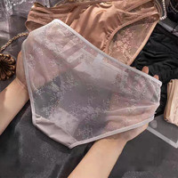 PEANOJEAN 法式纯欲半透明蕾丝边重要镂空内裤女透气舒适性感女士三角裤E344 浅灰色 1条 M （80-100斤）