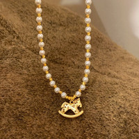 花饰庄园 马上有钱碎冰冰小马吊坠珍珠项链女轻奢感串珠毛衣链秋冬饰品 小马珍珠项链