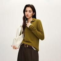 欧时力 秋冬 100%羊毛翻领休闲内搭上衣长袖T恤女