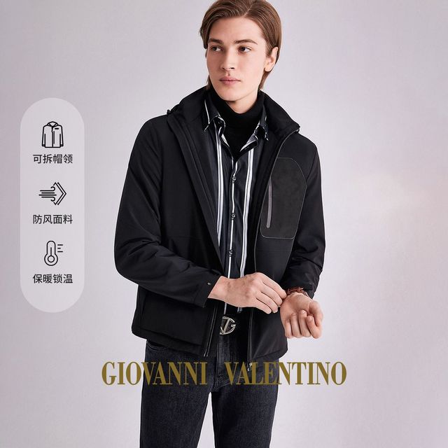 GIOVANNI VALENTINO 卓凡尼华伦天奴棉服男士秋冬季保暖棉夹克商务休闲连帽黑色防风