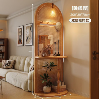锦需 法式屏风客厅中古隔断实木藤编入户座屏玄关穿堂风遮挡新型置物架 升级带挂钩 樱桃木色70x30x200cm