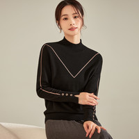  春竹 100%纯羊毛 女士羊毛衫 黑色 半高领套衫 XL 105CM
