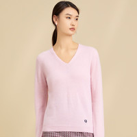  春竹 100%纯羊毛 女士羊毛衫 格浅粉 V领套衫 3XL 115CM