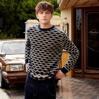 皮皮狗 男士圆领波浪条纹撞色套头毛衣