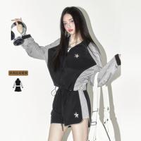 衣品天成 休闲撞色两件套女春季短款插肩袖外套美式短裤运动风套装