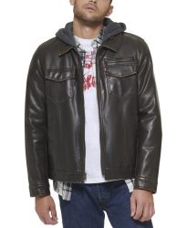 Levi's 男式 时尚连帽衫 防水 Faux Leather Hooded Trucker Jacket With Sherpa Lining (Regular &amp; Big &amp; Tall Sizes) Dark Brown Medium