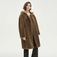 BADGLEY MISCHKA 羊羔毛外套连帽羊毛大衣中长款大衣女秋冬皮草