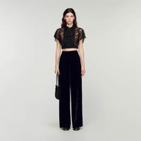 Sandro 冬季女装法式时尚黑色绒面阔腿高腰长裤新年休闲百搭