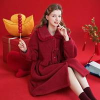 芬腾 双面绒娃娃领新中式睡衣女浴袍睡裙女睡袍