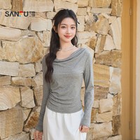 SANFU 长袖T恤2026新款春季荡领褶皱收腰一字领休闲上衣女装514477