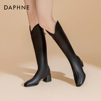 达芙妮 真皮V口长筒靴女英伦风骑士靴