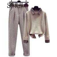 SUCAINI/苏彩尼 减龄显瘦 女士休闲裤套装 卡其毛衣+裤子 M