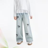 安奈儿 童装女童宽松阔腿软牛仔裤26春新款蝴蝶结印花时髦中蓝洗水长裤