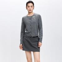 LILY 羊毛混纺蝴蝶结钉珠圆领气质通勤针织开衫外套女短款