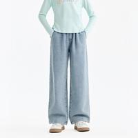 安奈儿 童装女童提花宽松直筒牛仔裤2026春新款洗水做旧弹力休闲裤