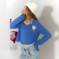 妖精的口袋 2026春季新款花朵刺绣假两件撞色拼接针织衫宽松休闲显瘦上衣