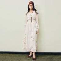 MAXRIENY 米白色连衣裙26年春蕾丝花卉刺绣收腰雪纺裙子