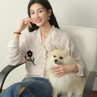 诗凡黎 重工撞色绣花V领针织开衫宽松显瘦毛衣长袖上衣