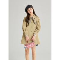 紫涵 中长款翻领风衣宽松休闲格纹领结卡其色外套