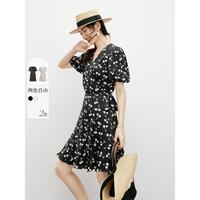 限尺码：红袖 夏季女装法式茶歇收腰泡泡袖V领印花连衣裙